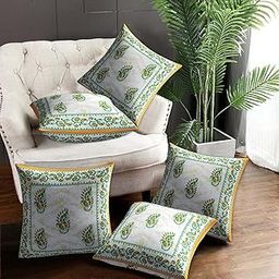 AMLEXTTRIZ Flower Print 100% Pure Cotton Cushion Cover Set of 5 Decorative Covers for Sofa, Bedroom & Living Room (Size 16x16) (Yellow)-image-100