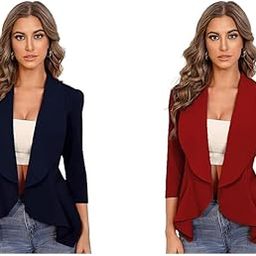Women's Single Breasted Relaxed Fit Shawl Collar 3/4 Sleeve Blazer Navy Blue Women's Single Breasted Relaxed Fit Shawl Collar 3/4 Sleeve Blazer-picture-40