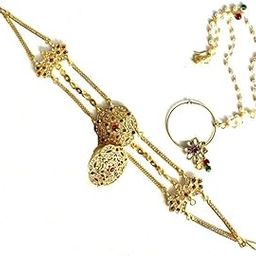 Gold Plated Combo Jewellery Traditional Rajasthani Nathiya/Nose Ring with Pearls Chain and Maang Tikka for Women and Girls-image-95