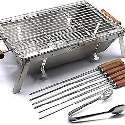 Compact Portable Foldable Stainless Steel Tandoor Charcoal Barbeque Bbq Grill Set With 6 Skewers,Tongs,Bag,Charcoal Tray + Top Cooking Grate For Home Garden(44 X 28 Cm),Free Standing-54