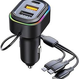 36W (Q7) 3 Port Fast Ca r Charger Adapter, Compatible with All Smartphones with RGB Lights Charging Adapter Multi-Function Charger Type C, Micro USB, Lightning Ca r Vehicle Charging Adapter-image-60