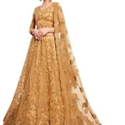 Women's Net Embroidered Semi-Stitched Lehenga Choli [ Gold coloar]-13