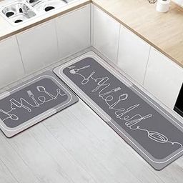 HomeCloud Rubber Kitchen Mats for Floor Set of 2 Pcs | Non-Skid, Soft Absorbent Rugs for Kitchen, Laundry, and Hallway | 120x40cm, 40x60cm| 4mm Thickness (Folk_Spoon_Grey)-111