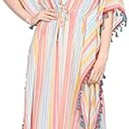 Multicolor Stripe Maxi Dress Kaftan Gown Beachwear with Cute Pompom Tassel Trim for Women Adjustable Free Size Long Bohemian Coverup-picture-24