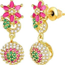 Gold Plated Cubic Zirconia Studded Drop Earrings Jewellery for Women & Girls-image-70
