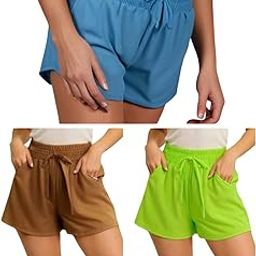 Women's Mid Rise Elastic Waist Regular Fit Comfy Breathable Polyester Plain Summer Shorts Combo (Pack of 3)-picture-12