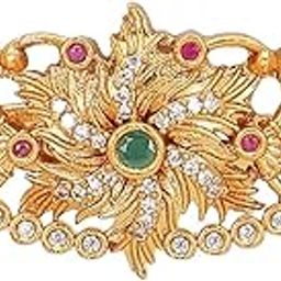 Floral Brooch for Women – Gold-Tone Brass Saree Pin with Green & White Stones – Traditional Ethnic Designer Brooch-image-17