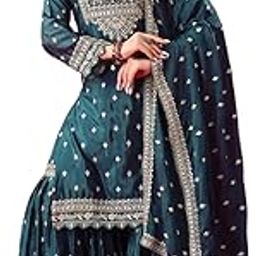 Women's Chinon Silk Embroidered Straight Kurta with Sharara & Dupatta Set-image-84