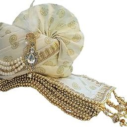 Paisley Printed Groom's Safa Stole Set, Traditional Dulha Safa Pagri with Stole/Dupatta, Off-white Colour (Pagdi Size: 22.5 to 23 Inch)-image-12
