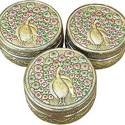 CRAFTS WORLD Handicraft Peacock Design Stainless Steel Dabba Container Meenakari Rajwadi Decorative Oxidized Chapati Storage Box for Serving Dryfruit Chocolate And Mukwas/Marriage Gift. (Pack Of 3)-image-82
