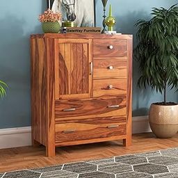 GateWay Furniture Rustic 5-Drawer Chest of Drawers and Dresser with Shelf - Handcrafted from Solid Sheesham Wood (Honey Finish)-image-63