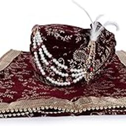 Men Cotton Blend Printed Groom's Safa Shawl Stole Set, Wedding Safa/Turban with Stole, Groom Pagdi Dupatta (Maroon)-image-0