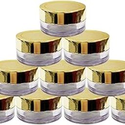 BH PLAST Pack of 10pcs 8GMS Sanjar Comes with Very Beautiful Gold Lids and Inner White Lid, Acrylic Empty Container for Cosmetics for Lip Balms, DIY Skin Care, Body Butters,Clear-8GM,Set of 10-56
