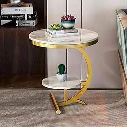 NEST NATURE HAVEN Modern Round Side End Table, Corner Decor Nightstand for Home Office Living Room Bedroom, Marble Pattern Gold-20
