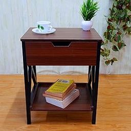 Raytress Homes Wooden&Metal Bedside Table for Bedroom|Wooden Bed Side Nightstand Table with Storage|Sofa Side End Table for Living Room with Drawer&Open Shelf Storage | Walnut-8