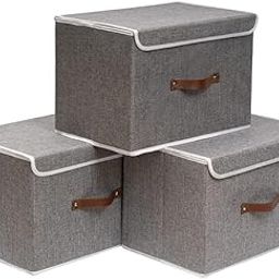 Large Collapsible Storage Box, Linen Fabric Wardrobe Containers with Lid, Organiser For Towels, Clothes, 15 x 9.8 x 9.8 inch (Grey, 3-Pack)-image-39
