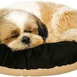The Pets Company Calming Dog & Cat Bed | Soft Fluffy Donut Reversible, Washable Pet Bed for Kittens Puppies | Cozy Plush Anti-Anxiety Cushion |, (L-22 Inch x B-22 Inch x H-4 Inch), Black & Beige-XS-15