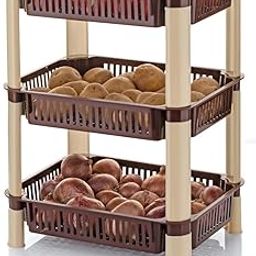 THEODORE Plastic Vegetable Trolley Rack For Kitchen Storage Vegetable Organizer, Vegetable Stand For Kitchen Basket, Storage Racks For Office (3 Layer, Brown), 27 x 12 x 37 Centimeters-26