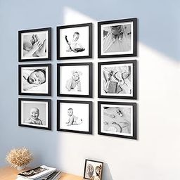 DEV AASTHA Photo Frame For Wall decoration living room | Photo Frame A4 Size | Wooden Frames For Home/Office | Frames For Wall Decor | Photo frame for wall hanging | Perfect For Gifts | Set of 9 Black Photo Frames 8x8 Inch-16