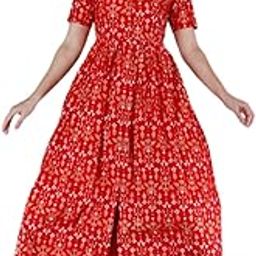 Womens Rayon Short Sleeve Printed Long Anarkali Maternity Dress with Side Zipper-image-58