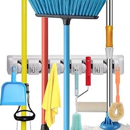 Champs White 5-Slot Wall Mounted Mop Broom Holder, 16" x 3.5" x 2.5", Modern Style, 25 lbs Capacity, Garage, Laundry, Kitchen-image-2