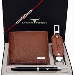 Rakhi Gift Hamper for Brother - Classic Redwood Men's Leather Wallet, Redwood Keyring, Pen and Rakhi Combo Gift Set for Brother - 4701-image-64