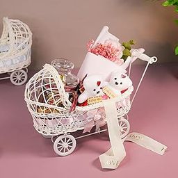 Art Street Gift Hamper Wicker Trolley, Mini Doll Stroller Shape Flower Basket/Gift Presenter, Organizer for Home and Table Décor (Pink, 9x12 Inch)-image-99