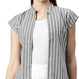 Grey Pure Cotton Striped Open Front Shrug-1