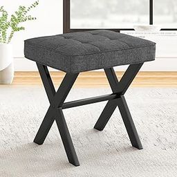 Flipshoppee Black Modern Padded Vanity Seat Foot Rest Stool for Living Room and Makeup Room, Square Faux Leather Makeup Stool with Metal X Legs, Compact Stool Chair for Vanity (Carbon Gray)-image-83