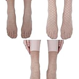 NEXT2SKIN Women Nylon Sheer Mix Pattern Ultra-Thin Ankle Length Without Thumb Transparent Socks - Pack Of 3 (Black/Skin)-6