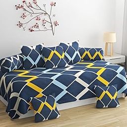 Soft Glace Cotton Designer Printed Diwan Set, 1 Single Bedsheet, 2 Bolster Covers, 5 Cushion Covers (Blue, Standard) - 8 Piece-image-22