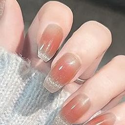 Secret Lives Translucent Glossy Cats Eye Reusable Artificial Peach Color with Glitter Tips Fake False 24 PCS Set | Quick Fix For Festivals Press on Nails with Kit-17