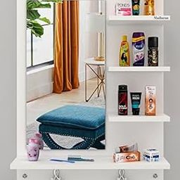 Madhuran Royal Engineered Wood Wall Mounted Dressing Table Mirrors with Storage Shelf (Matte, White) Home Bedroom Living Room Bathroom Washbasin Decorative Organiser-image-43