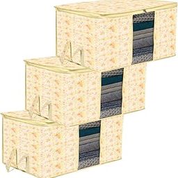 Kuber Industries Underbed Storage Bag | Clothes Storage Bag | Blanket Cover with Clear Window | Zipper Closure & Handle Cloth Organizer | Red Flower-Design | Large | Pack of 3 | Ivory-picture-4