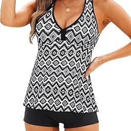 Women Two Piece Swimsuit Tankini Tops with Shorts Tummy Control Racerback Bathing Suits Swimwear-image-95
