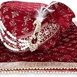 Men Cotton Blend Printed Groom's Safa Shawl Stole Set, Wedding Safa/Turban with Stole, Embroidered Turban Sehra with Stall (Red)-picture-16