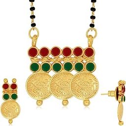 Alamod Laxmi Coin Brass Metal Gold AD Stone Studded Double Line Beaded Manglsutra Set for Women-image-87
