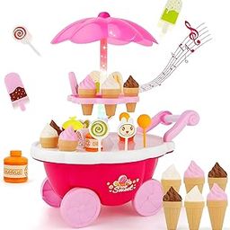 Niku Ice Cream Candy Trolley Cart Kitchen Set for Kids Girls | Pretend Play Set with Music and Lights Toys for Girls | Pink Colour | 30 Accessories-image-69