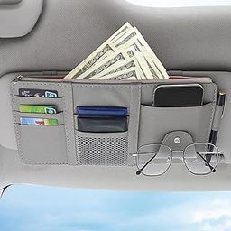 DETACHI Car Sun Visor Organizer Multi-Function Car Space with Multi-Pocket Net Zipper Car Storage Organizer and Sunglass Holder PU Leather for Car (Grey)-18