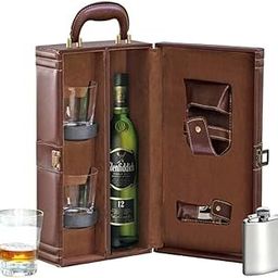 Anything & Everything Travel Bar Set | Portable Leatherette Wine & Whisky Case | Wooden Picnic Bar Accessories - Brown (Holds 1 Bottle & 2 Glasses)-image-52