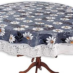 CASA-NEST Printed PVC PVC Flowered 4 Seater Round Shape Table Cover (Multicolour, Size- 60 Inches,Pack of 1) Design-White Flower Blue Base printed006-4