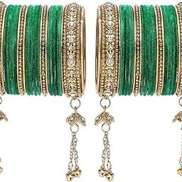 Gold-Plated Matte Finish Velvet American Diamond Studded Gold Pearl Tasselled Bangles Set Of 56 For Girls and Women-image-44