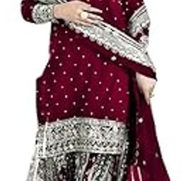 Women's Faux Georgette Embroidered Straight Kurta with Sharara & Dupatta Set with Rivet Moti Work-image-35