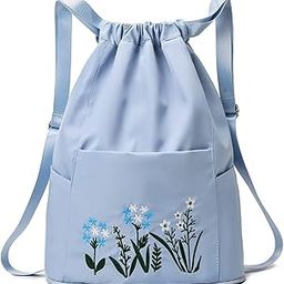 Waterproof Drawstring Gym Backpack Embroidery Lightweight Oxford Shoulders Bag Travel Bag for Women-image-3