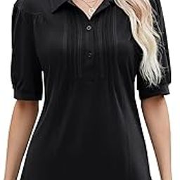 Women's V Neck Polo Shirts Short Sleeve Button Down Collared Tops Loose Casual Tunic Blouses, Black, Large-image-10