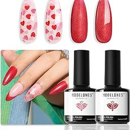 modelones Gel Nail Polish Set 2 Pcs 15 ML Pink Red Gel Polish Hot Pink Red Love-heart Glitter Gel Polish White Shimmer Spring Soak Off LED Nail Art DIY Shades #2576#2603-22