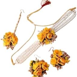 Floral Gota Patti Jewellery Set with Pearl Choker, Earrings for Women, Yellow Rose Design, Traditional Wedding Haldi Ceremony-43