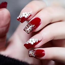 Set of 24 Artificial Reusable Nails in Maroon with glitter and flowers design with glue-image-38
