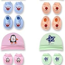 Mom's Darling, Pack of 4 Pairs, Newborn Baby Cotton Mitten Sets with Cap and Booties | Baby Mittens and Gloves Set for Newborn 0-6 Months | Baby Cap Set | Baby Socks Set | Multicolor.-1