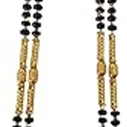 Maharashtrian Traditional Gold Plated Micro Polish Black Beads, Golden Pipe Design Sar 34 Inch Long Mangalsutra and Earrings Set for Women-image-3